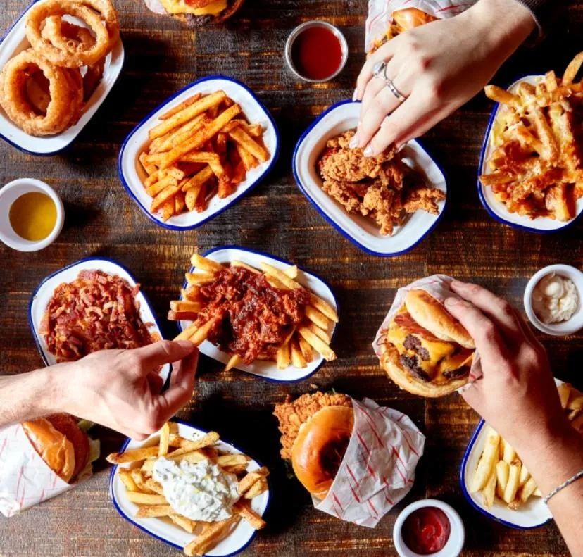 Pub food shared around the table