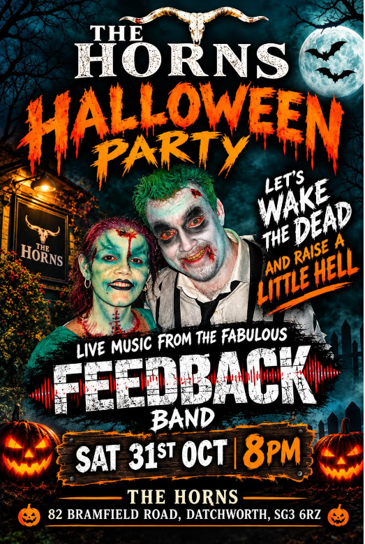 The Horns Halloween party poster, live music from Feedback Band, Saturday 31 October at 8pm