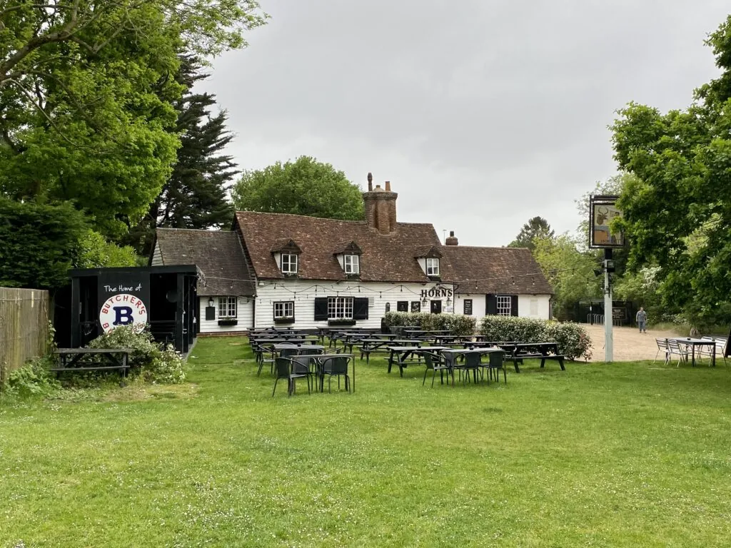 The beer garden in front of The Horns